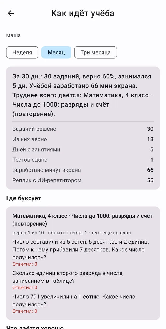Как идёт учёба: итоги за месяц и где ребёнок ошибается