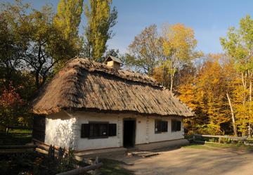 Низкий одноэтажный дом с белыми стенами под высокой толстой соломенной крышей, два окна с тёмными ставнями, открытая дверь, вокруг осенние деревья