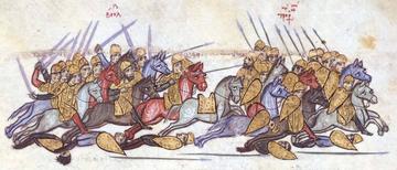 Старинный рисунок: две шеренги всадников в жёлтых доспехах и шлемах скачут навстречу друг другу, выставив длинные копья; внизу лежат упавшие щиты и воины